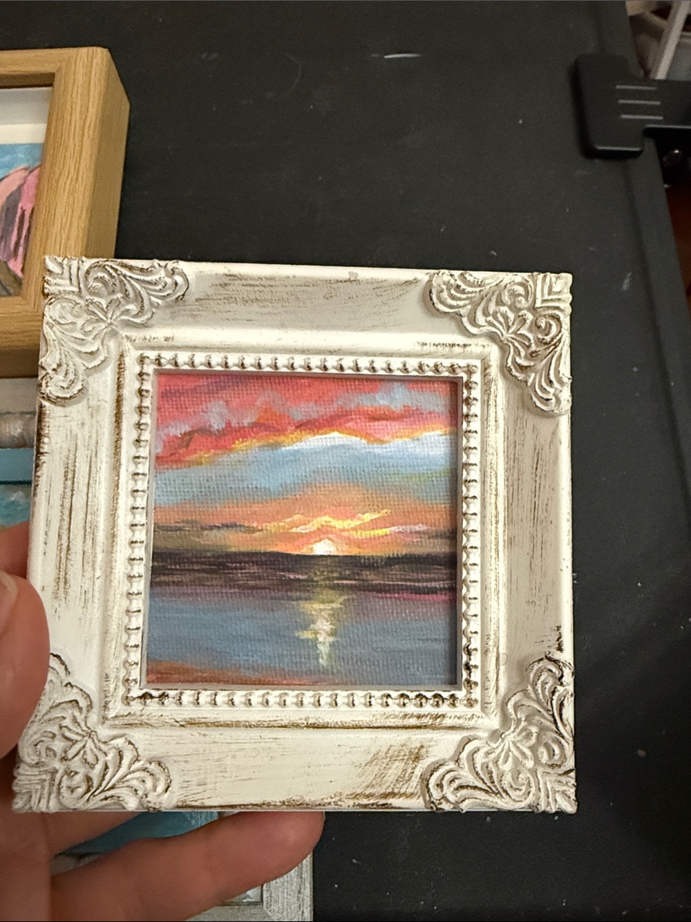 Hand-Painted Mini Sunset Seascape in White Ornate Frame